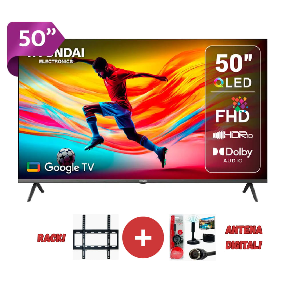 TELEVISOR SMART TV HYUNDAI QLED 50 PULGADAS HYLED5027QFG MAS Antena Digital MAS Rack