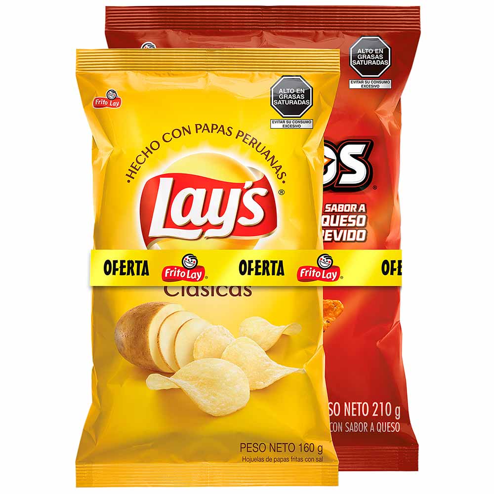 Pack FRITO LAY Papas Fritas Lay's Bolsa 160g + Doritos Bolsa 210g Paquete 2un plazaVea Pack FRITO LAY Papas Fritas Lay's Bolsa 160g + Doritos Bolsa 210g Paquete 2un plazaVea