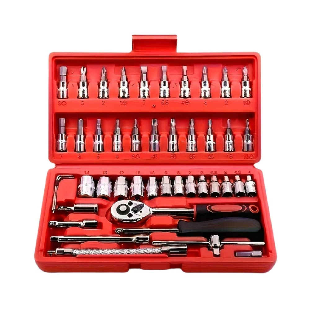 KIT DE HERRAMIENTAS 46 PIEZAS CON DADOS Y CARRACA