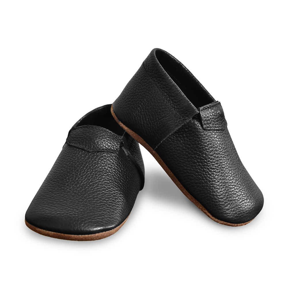 Zapatos Mocs de Cuero Color Negro hechos a mano para Bebés y niños