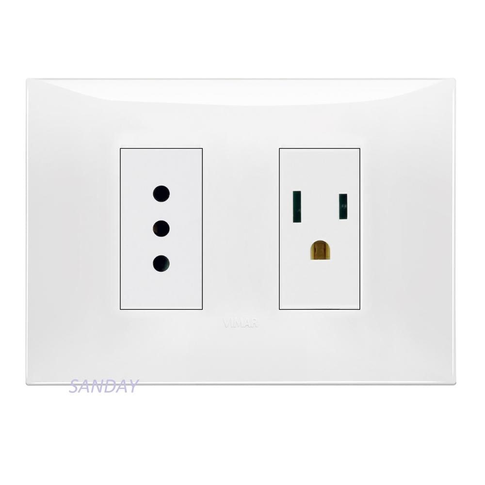 TOMACORRIENTE DOBLE 1 3 EN LINEA Y 1 AMERICANO NEVE UP PLACA BLANCA Y DADOS BLANCOS VIMAR