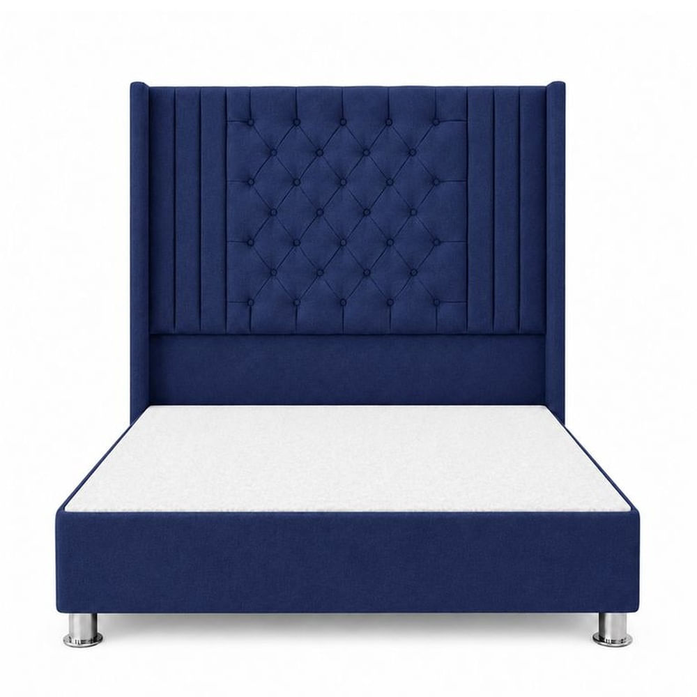 Cama Tapizada Confort Aurora Capitoné Cromo Azul 1.5 Plz Azul