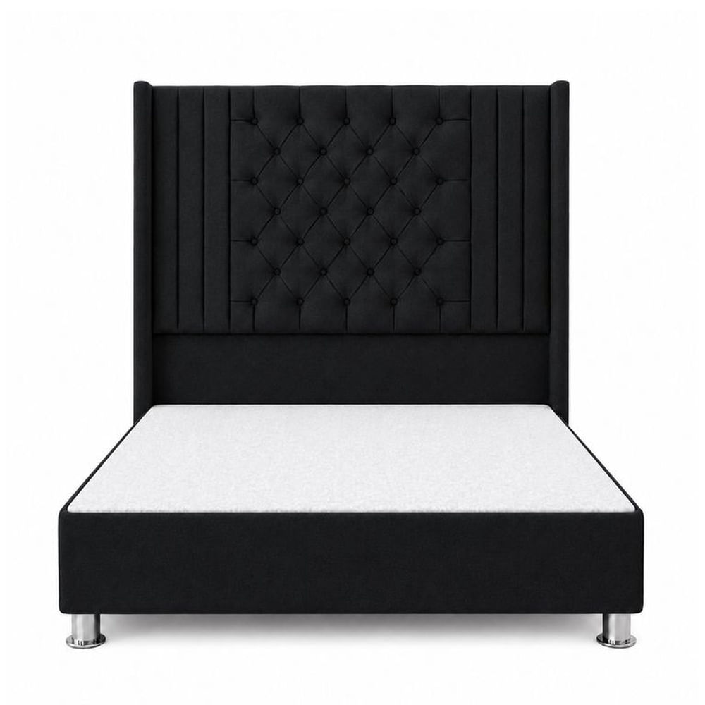 Cama Tapizada Confort Aurora Capitoné Cromo Negro 1.5 Plz Negro