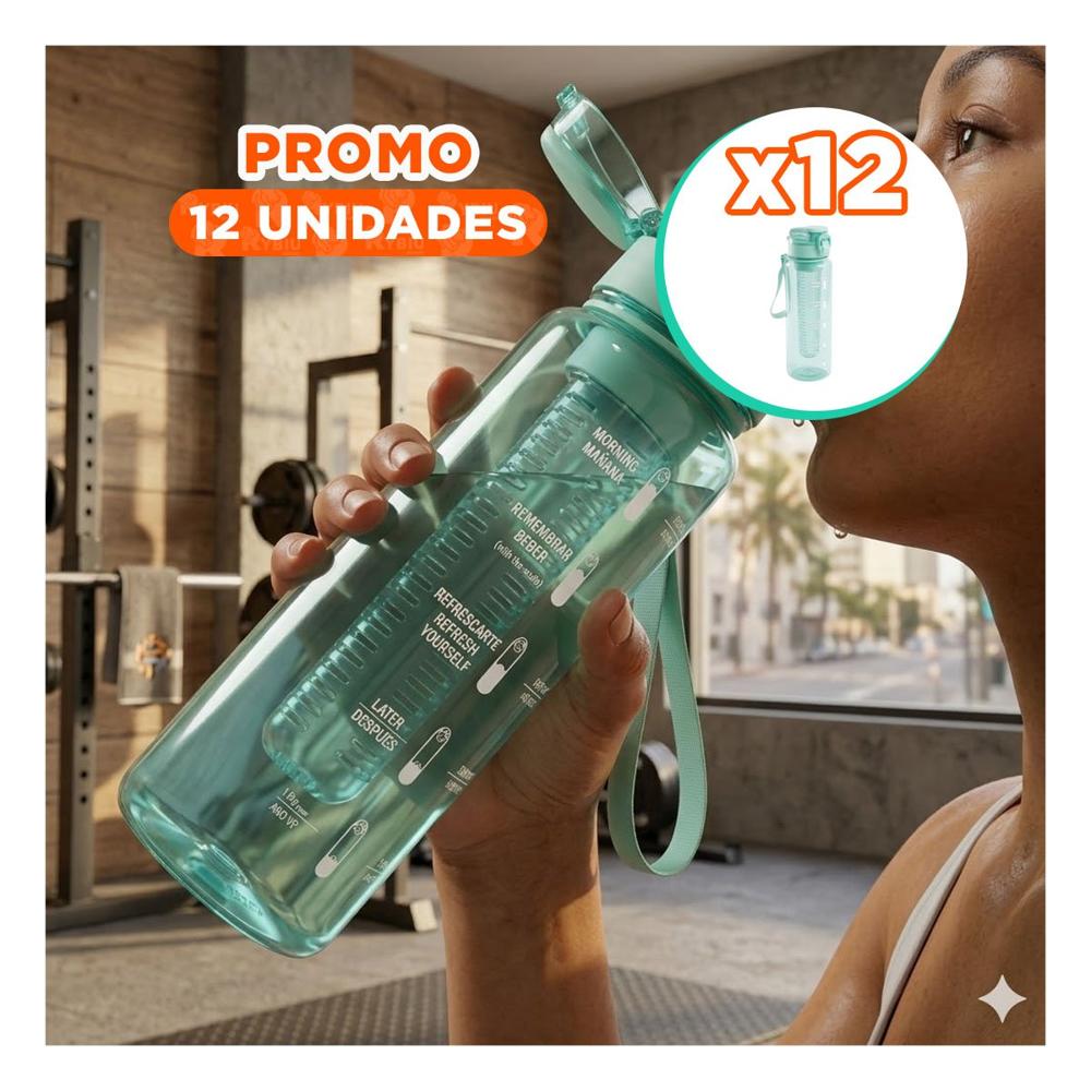 Pack12 Hidratador Portatil con Filtro 1000ml Verde Transparente para Deporte YRegalo Sticker