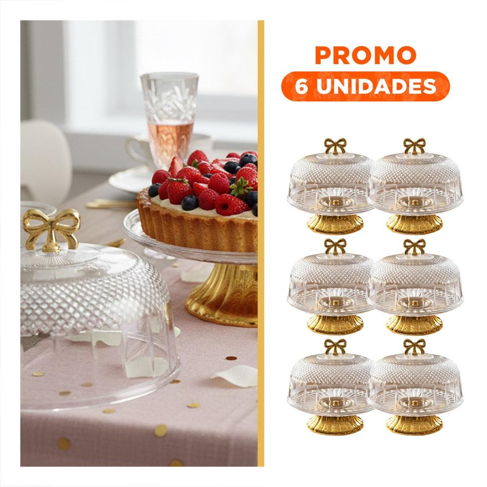 Pack6 Contenedor 33.5x26cm Cupula Transparente y Lazo Dorado Para Hogar Y Regalo Sticker
