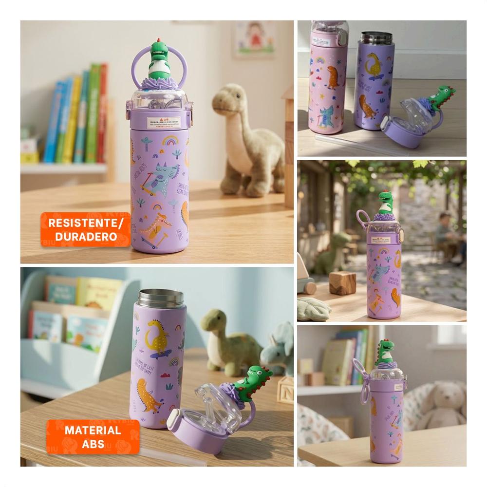 Termo Escolar 420ml Dinosaurio 3D Lila para Bebidas Frias y Calientes YLigas Regalo