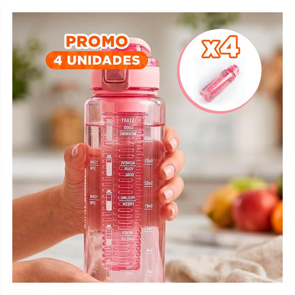 Pack4 Botella Moderna con Filtro 1000 Ml Rosado Transparente para Estilo Activo YPapel Regalo