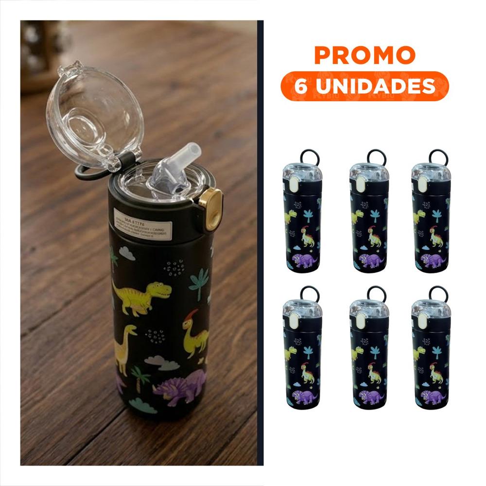Pack6 Frasco Divertido 420ml Dinosaurio Negro para Ninos con Tapa Hermetica YRegalo Sticker