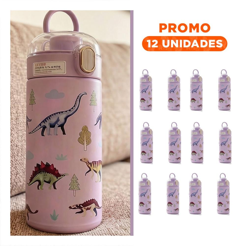 Pack12 Frasco Divertido 420ml Dinosaurio Lila para Uso Escolar y Excursiones