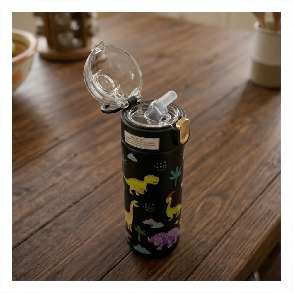 Termo Portatil 420ml Dinosaurio Negro para Ninos con Segura Y notas