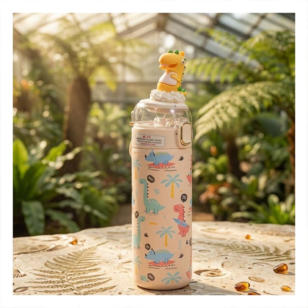 Termo Portatil 420ml Dinosaurio 3D Crema para Ninos con Segura Y notas