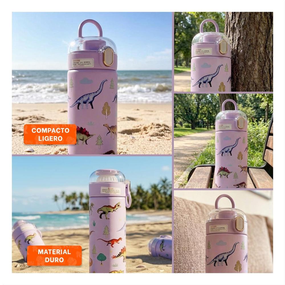 Termo Escolar 420ml Dinosaurio Lila para Bebidas Frias y Calientes YLigas Regalo