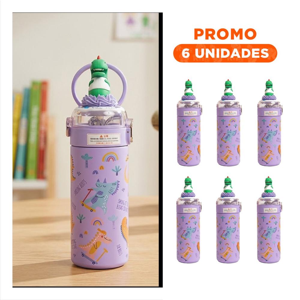 Pack6 Frasco Divertido 420ml Dinosaurio 3D Lila para Ninos con Tapa Hermetica YRegalo Sticker