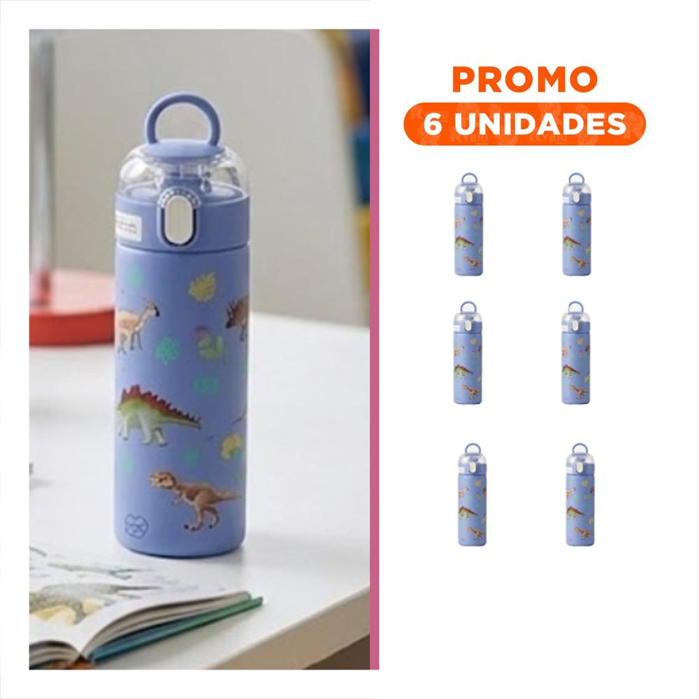 Pack6 Frasco Divertido 420ml Dinosaurio Azul para Ninos con Tapa Hermetica YRegalo Sticker