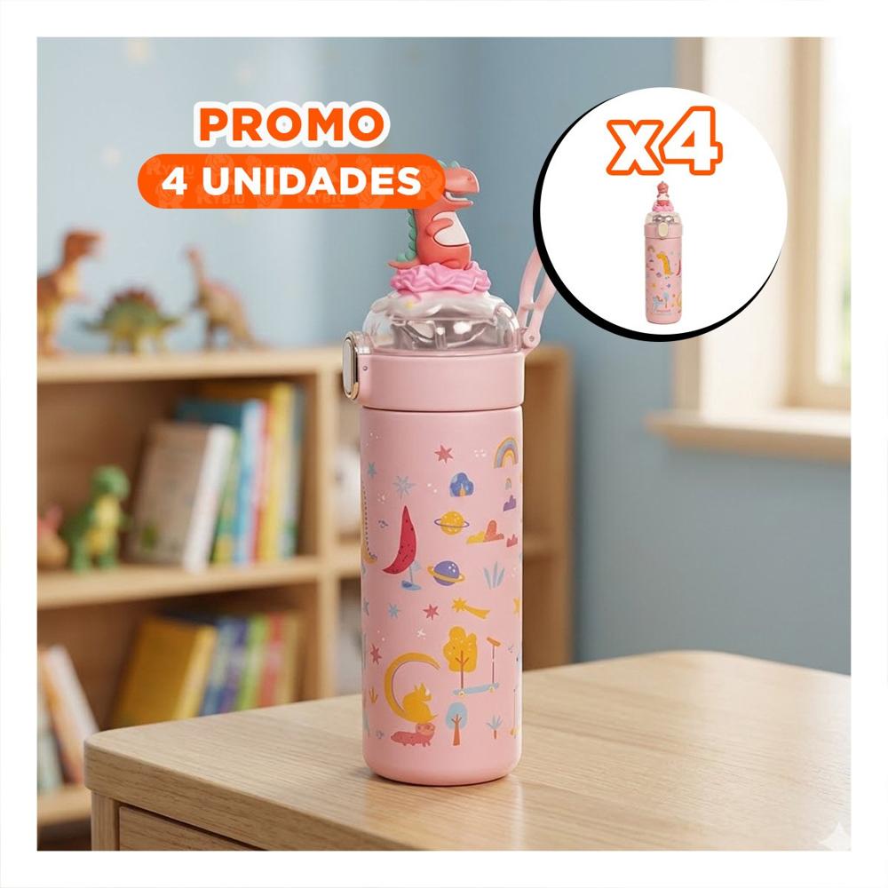 Pack4 Copo Portatil 420ml Dinosaurio 3D Rosado para Ninos en Casa o Escuela