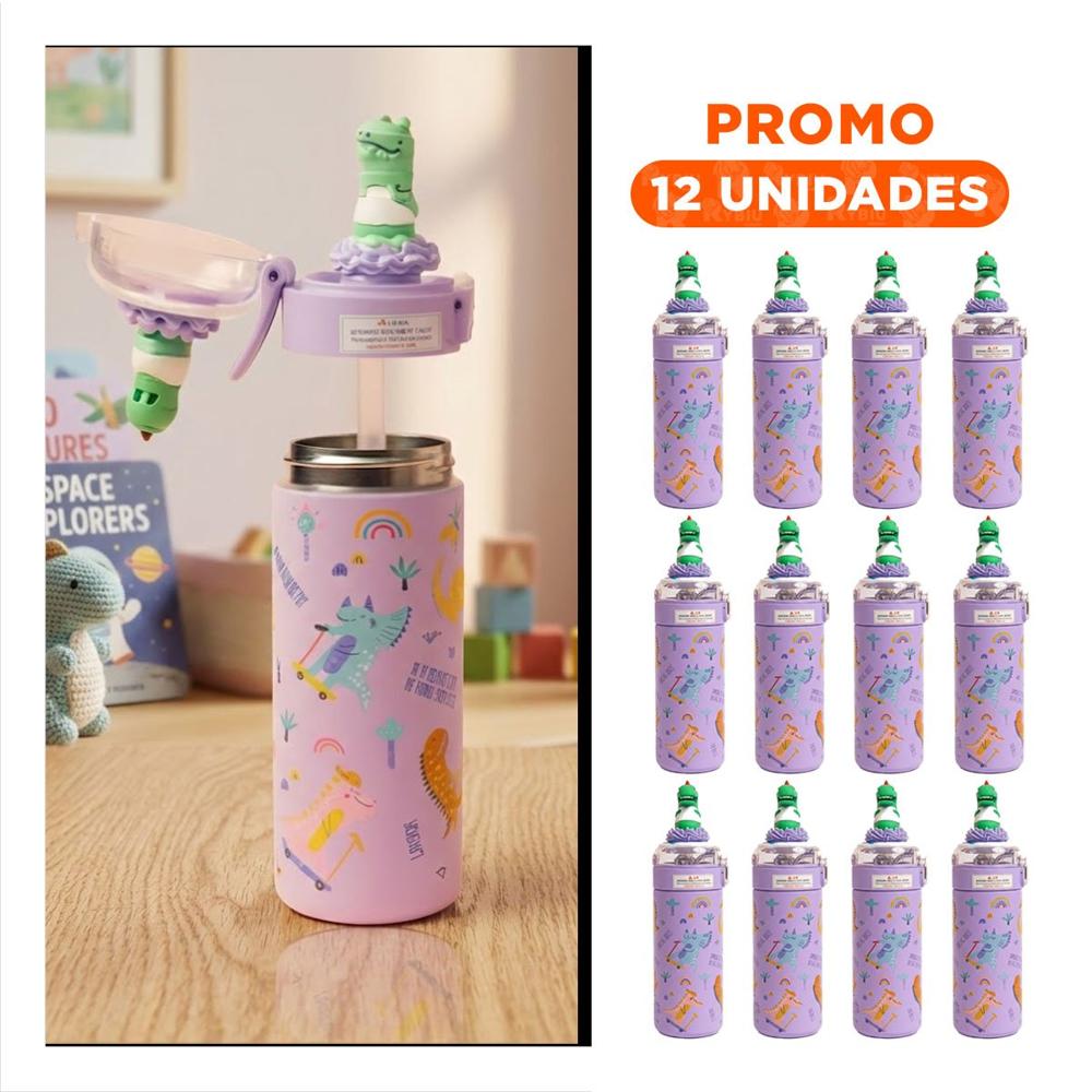 Pack12 Frasco Divertido 420ml Dinosaurio 3D Lila para Uso Escolar y Excursiones