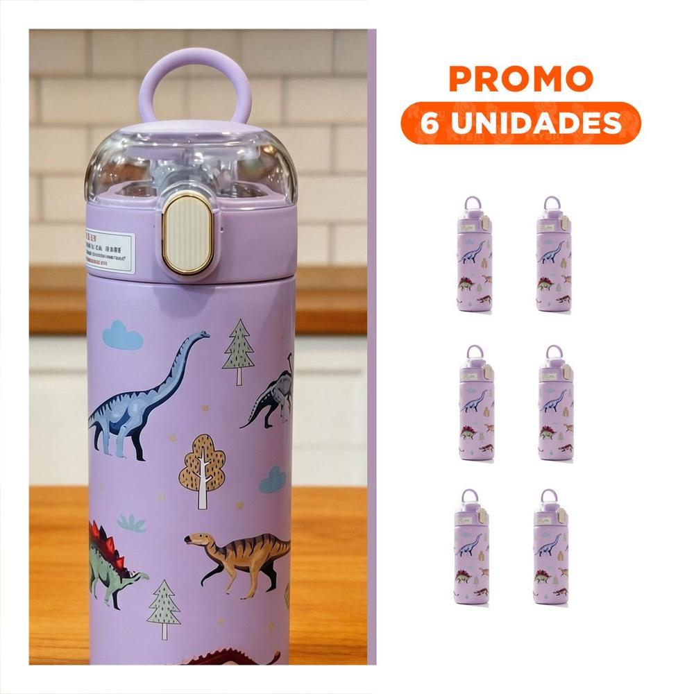 Pack6 Frasco Divertido 420ml Dinosaurio Lila para Ninos con Tapa Hermetica YRegalo Sticker