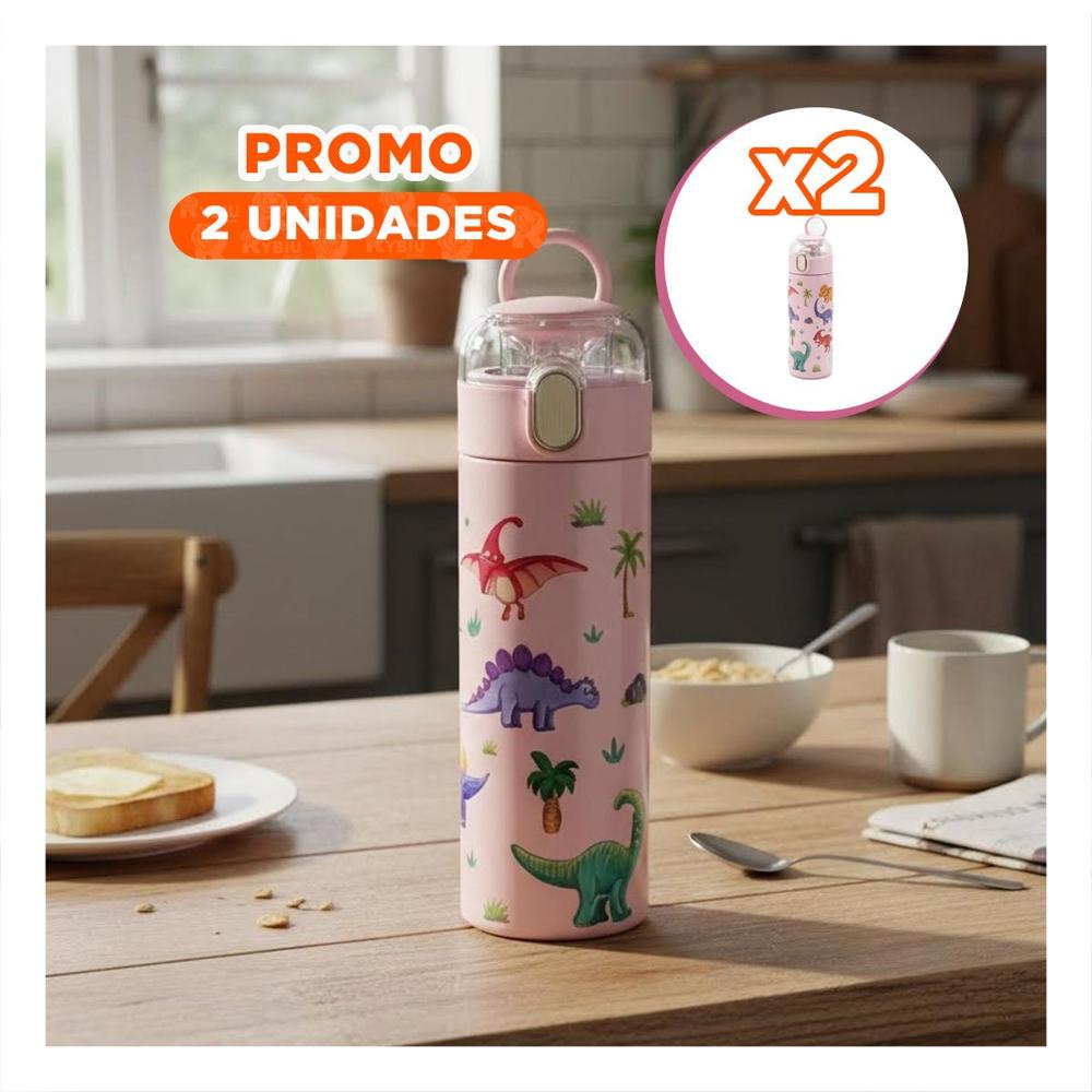 Pack2 Copo 420ml Dinosaurio Rosado para Ninos con Tapa Facil de Abrir