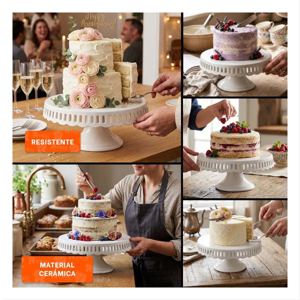 Base Porta Torta Color Blanco Ceramica Rayitas 30 cm para Mesa YLigas Regalo