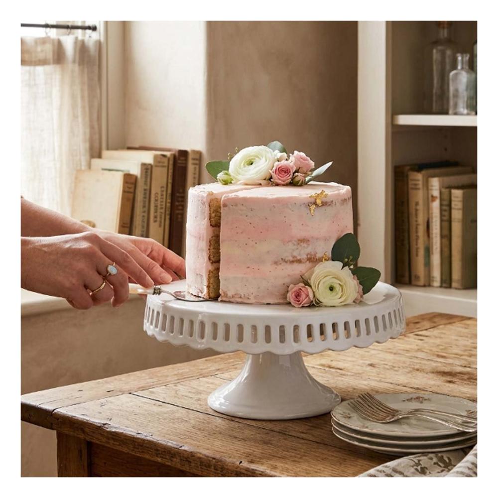 Pedestal Porta Torta Ceramica Rayitas Color Blanco 30 cm para Hogar