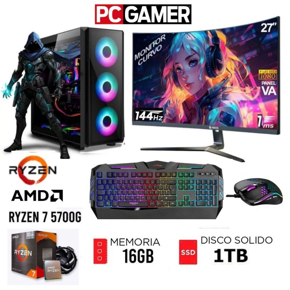 Computadora PC GAMER RYZEN 7-5700G RAM 16GB  DISCO SSD 1TB  MONITOR 27