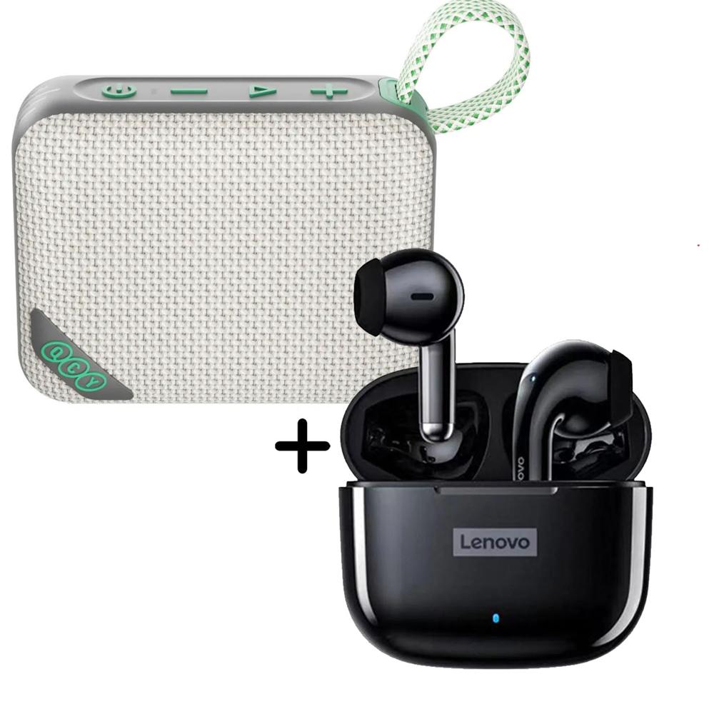 Combo Parlante QCY SP2 Marrón 5W Audífonos Lenovo LP40 Pro Negro