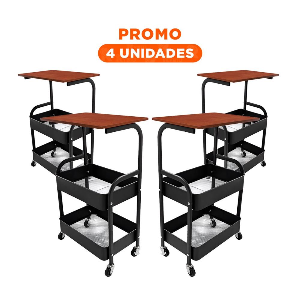 Pack4 Estacion Carrito con Mesa 3 Niveles con Ruedas Diseno Funcional Negro Y Regalo Sticker