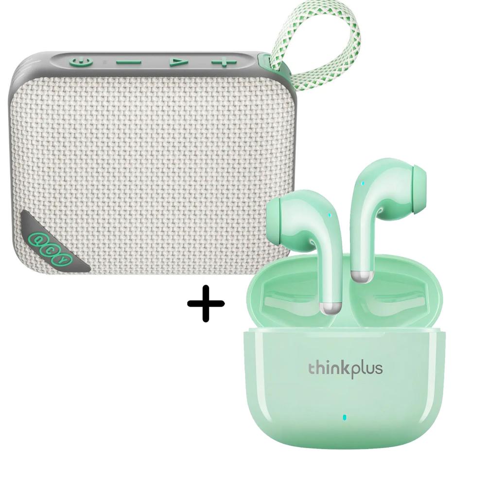Combo Parlante QCY SP2 Marrón 5W - Audífonos Lenovo LP40 Pro Verde