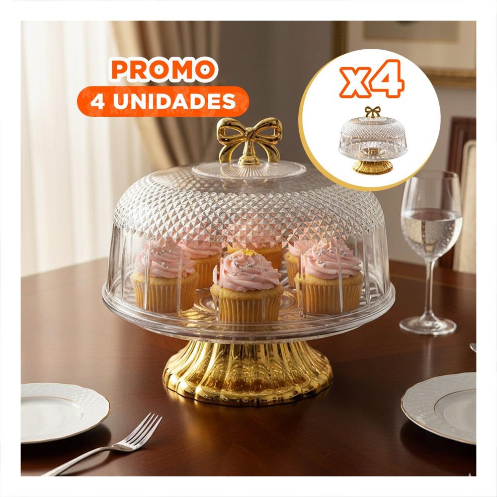 Pack4 Recipiente con Cupula Lazo Dorado Transparente 30x24.5cm Uso Diario Y Regalo Sticker