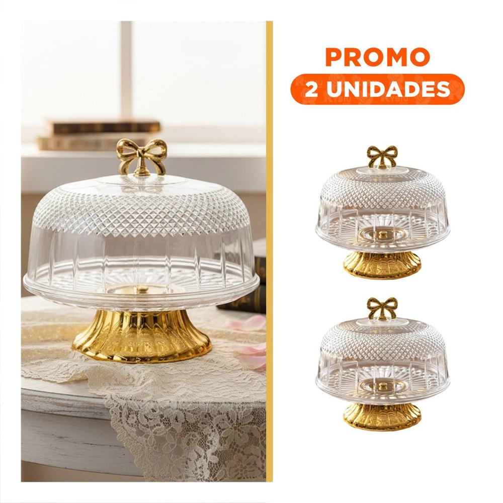 Pack2 Tapa con Cupula y Lazo Dorado Transparente 30x24.5cm Para Cocina Y Regalo Sticker