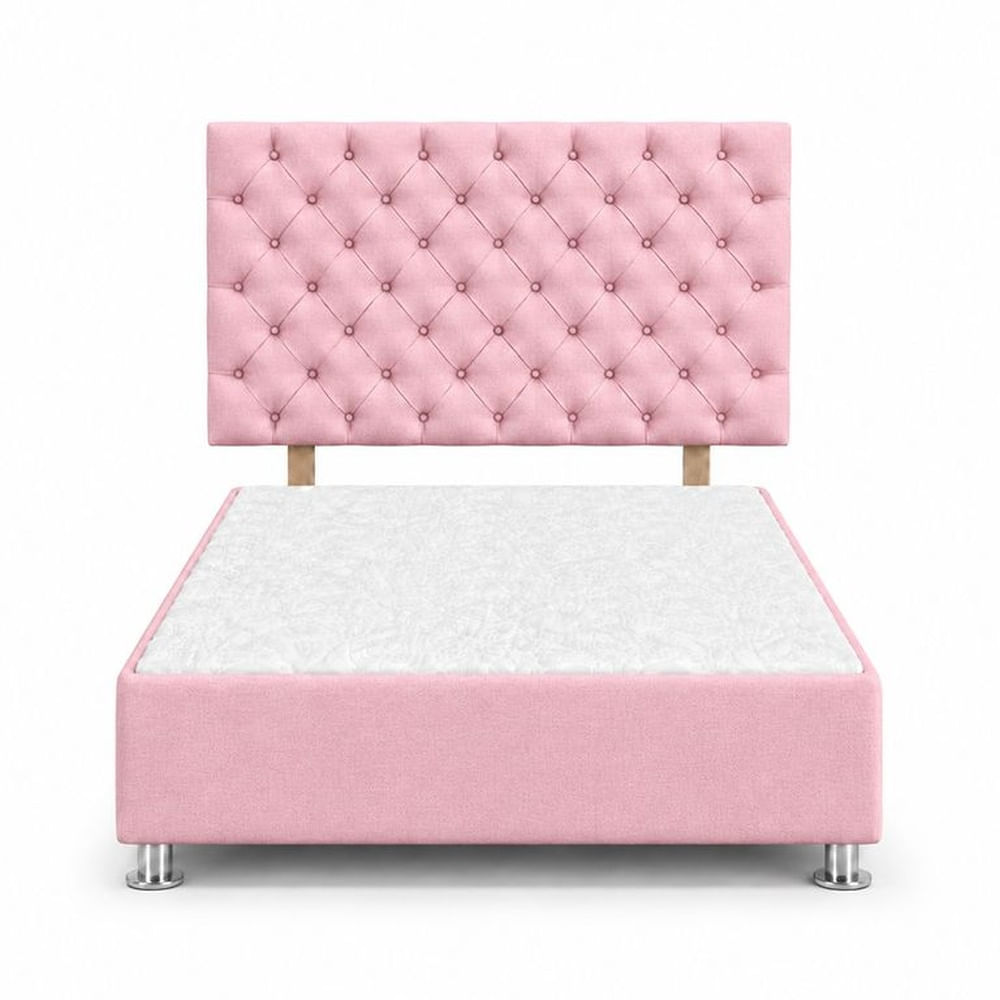 Cama Tapizada Aria Cromo Capitoné Rosa 2 Plazas Rosado