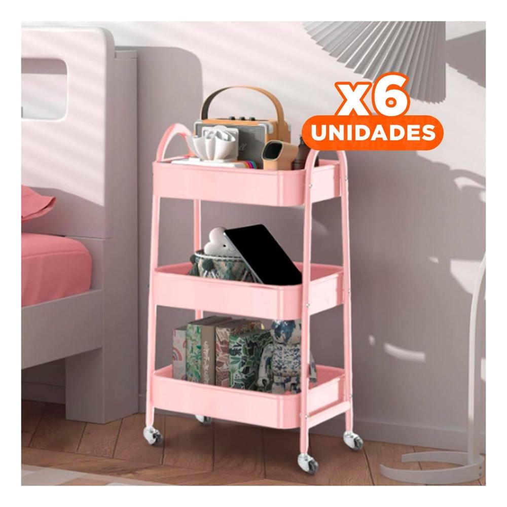 Pack6 Organizador resistente 3 niveles con ruedas y asas metal rosado duradero Y Regalo Sticker