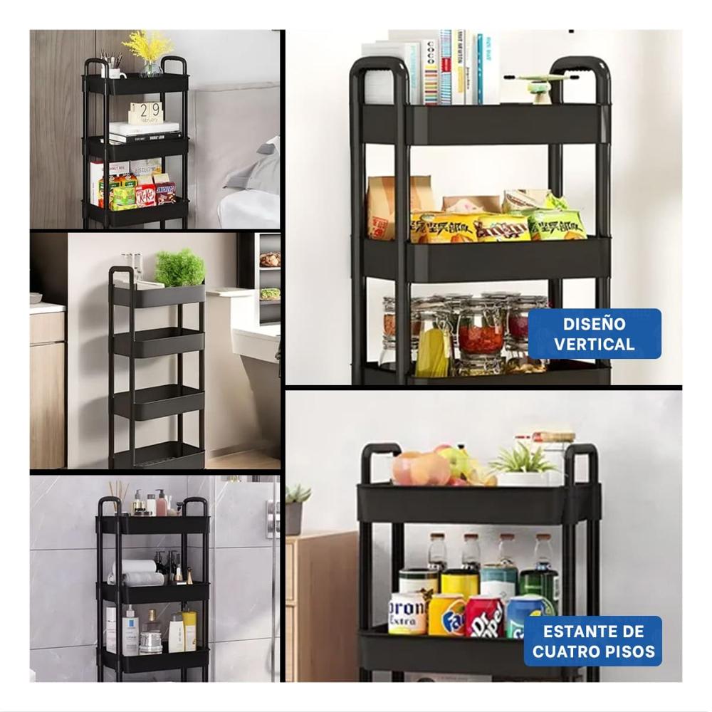 Estante Organizador 4 Niveles con Ruedas y Asas de Plastico Negro para Hogar