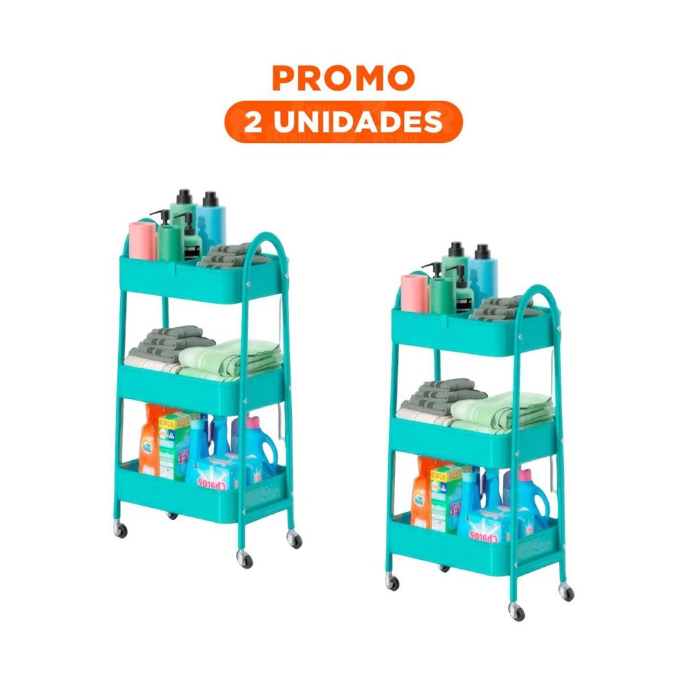 Pack2 Rack auxiliar 3 niveles con ruedas y asas metal celeste versatil