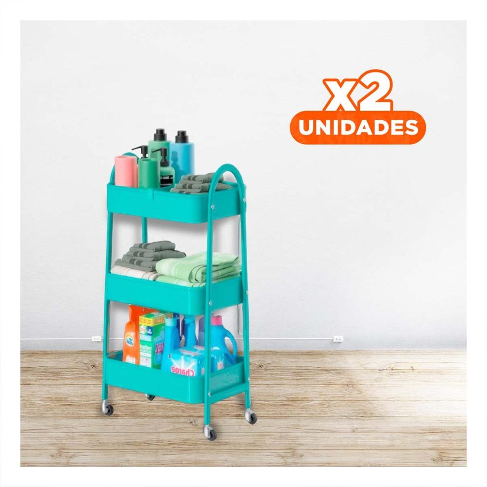 Pack2 Organizador portatil 3 niveles con ruedas y asas metal celeste ligero Y Regalo Sticker
