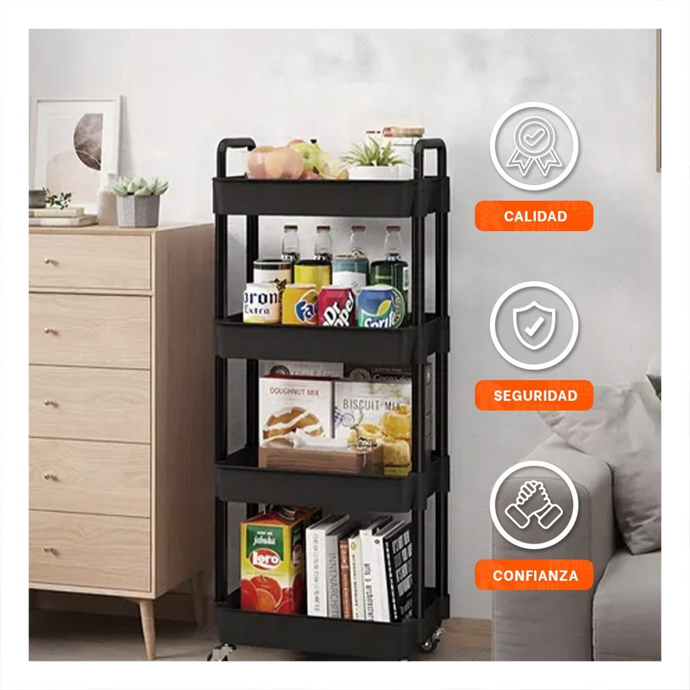 Mueble de Apoyo 4 Niveles con Ruedas y Asas de Plastico Negro para Casa Y Ligas Regalo