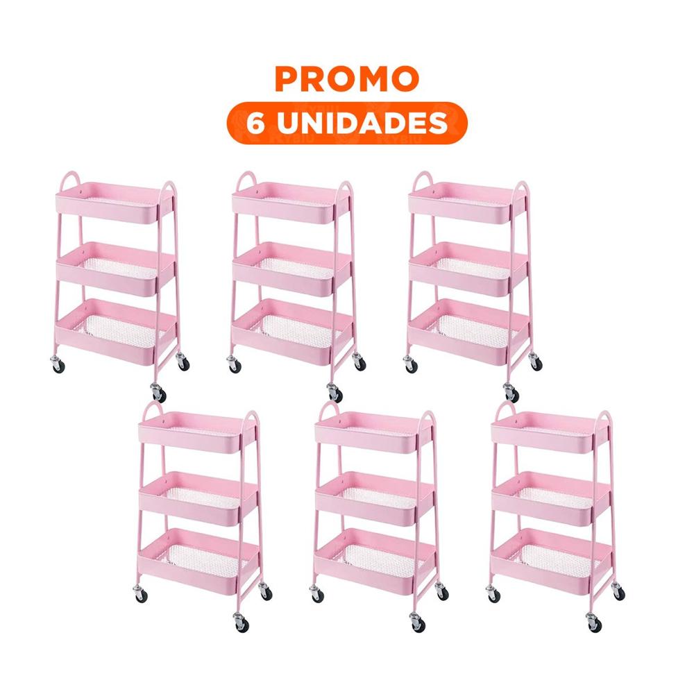 Pack6 Estante versatil 3 niveles con ruedas y asas metal rosado para casa moderna