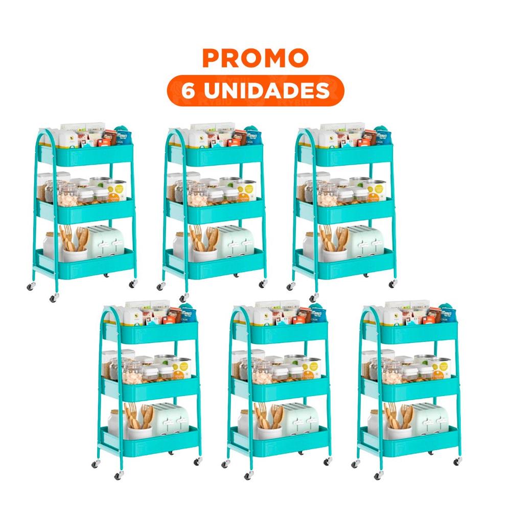 Pack6 Carrito movil 3 niveles con ruedas y asas metal celeste versatil