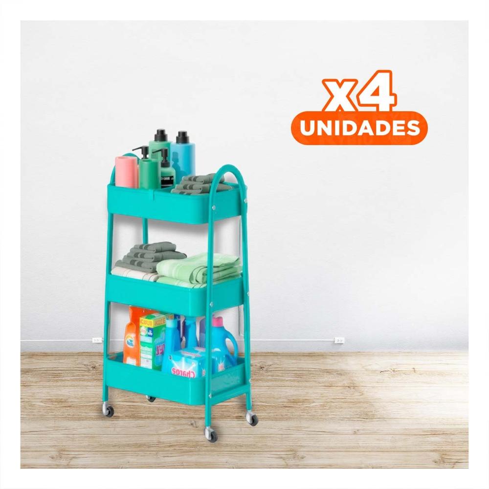 Pack4 Mueble portatil 3 niveles con ruedas y asas metal celeste practico Y Papel Regalo