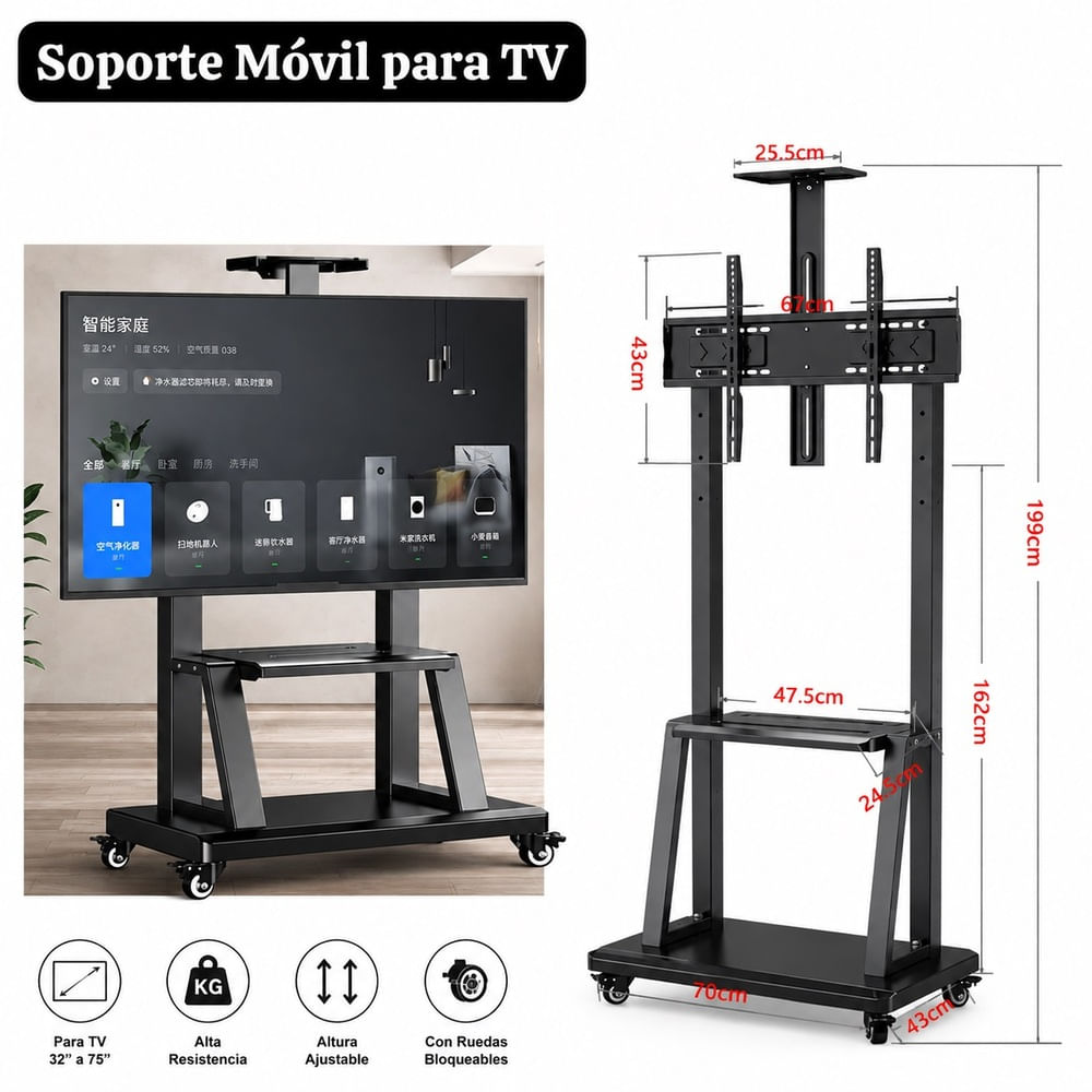 Pedestal Móvil para TV con Ruedas Soporte para Pantallas de 32 a 75 Pulgadas