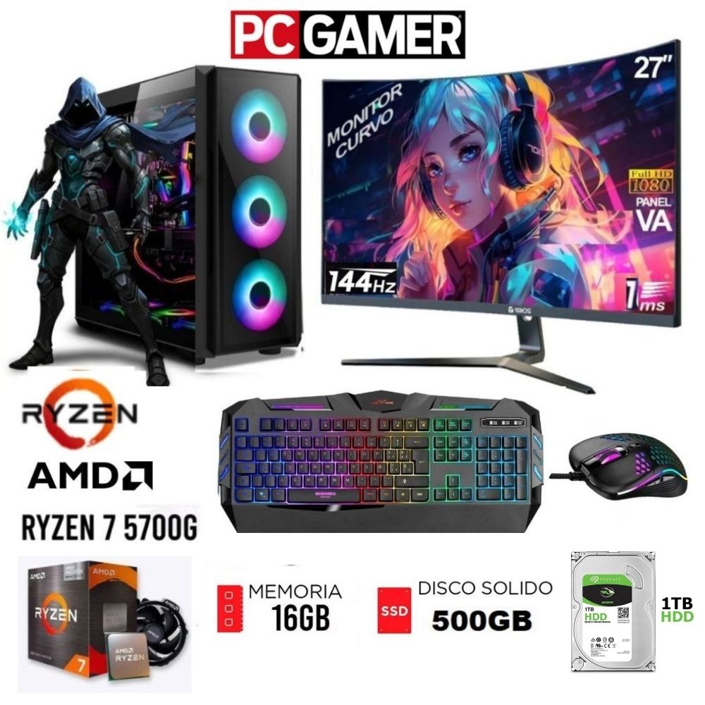 Computadora PC GAMER RYZEN 7-5700G  Ram 16GB  Disco HDD 1TB  SSD 500GB  Monitor 27FHD