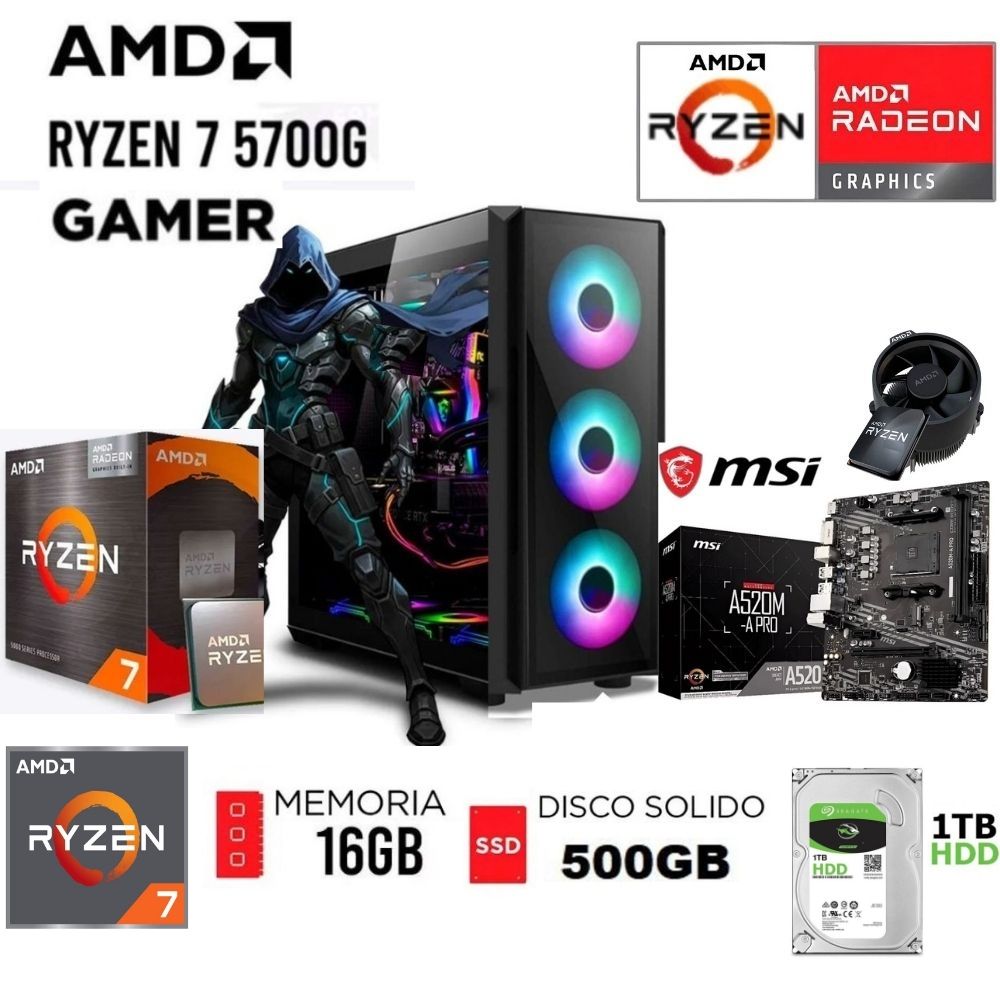 Computadora Pc Ryzen 7 5700G   Ram 16GB  DISCO  Hdd 1TB   SSD 480GB  Case Gamer RGB