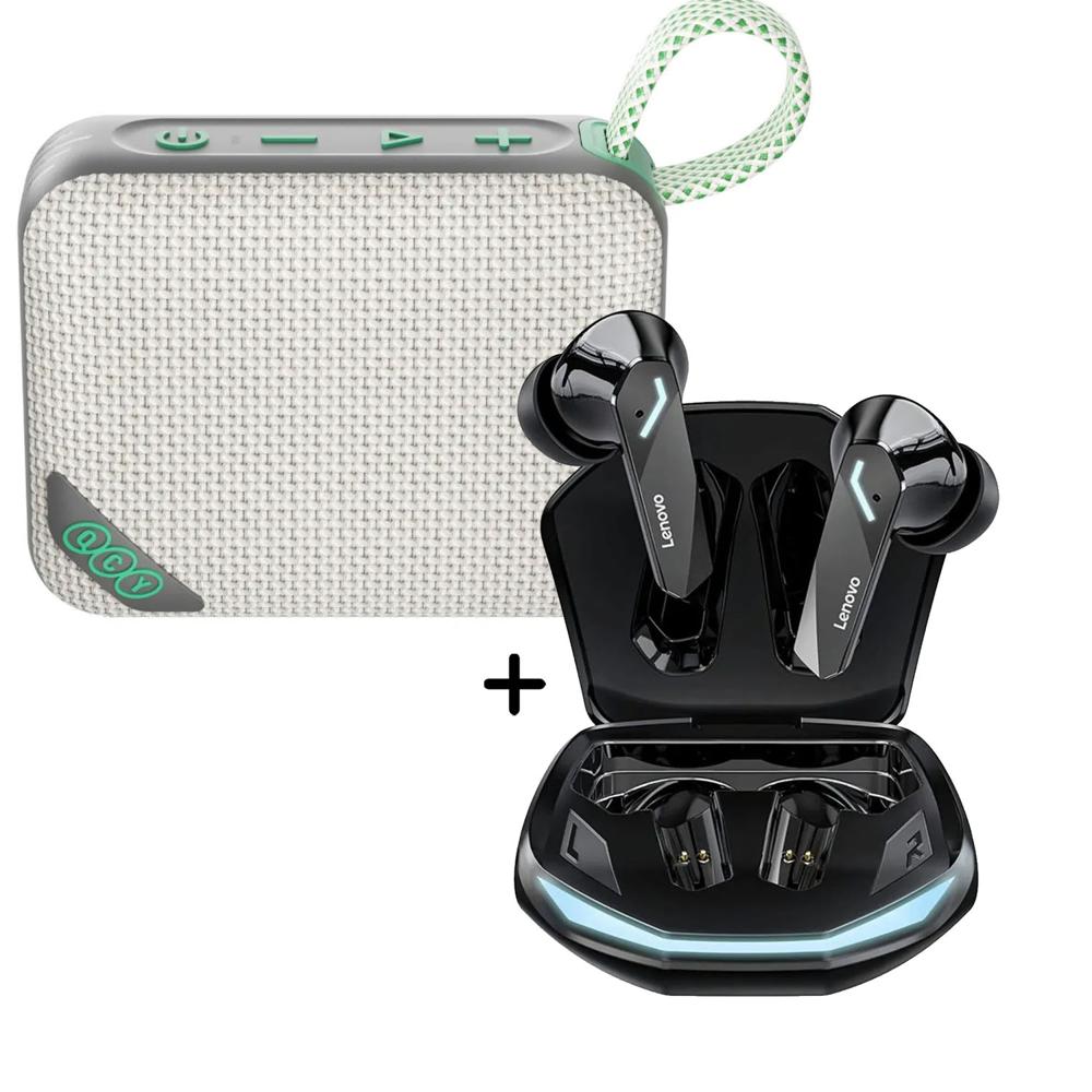 Combo Parlante QCY SP2 Marrón - Audífonos Lenovo GM2 Pro Negro