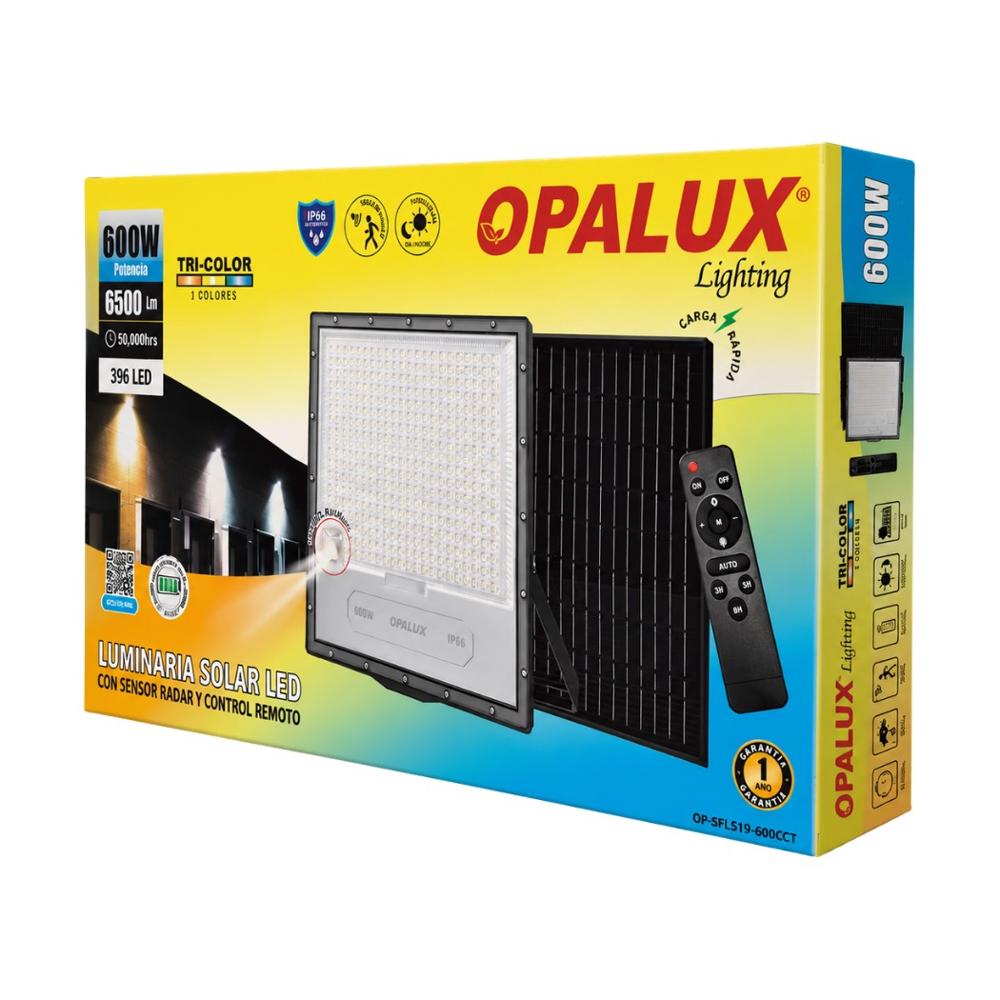 Reflector Solar LED Opalux 600W Tricolor Exterior con Control Remoto Impermeable IP65