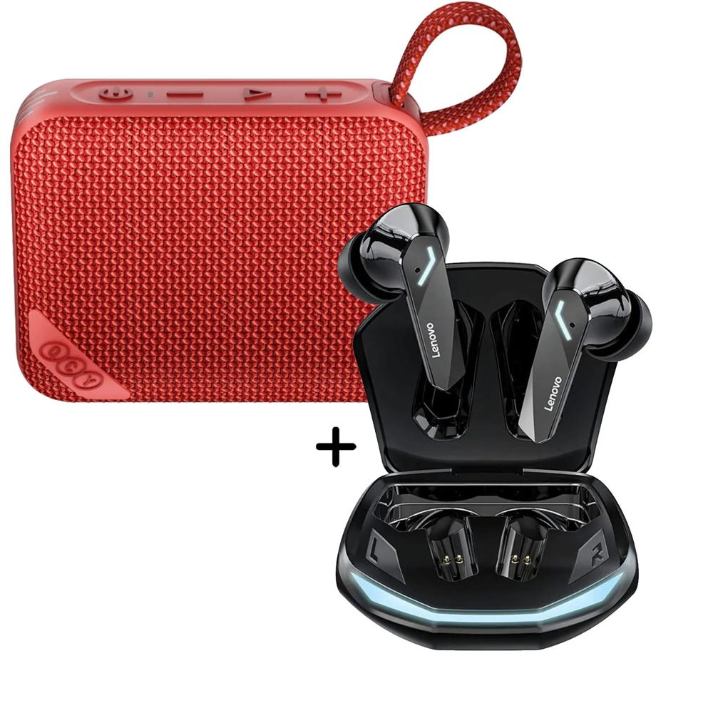 Combo Parlante QCY SP2 Rojo - Audífonos Lenovo GM2 Pro Negro