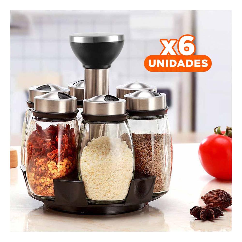 Pack6 Set de Cocina de Color Plateado con 6 Frascos en Base Giratoria