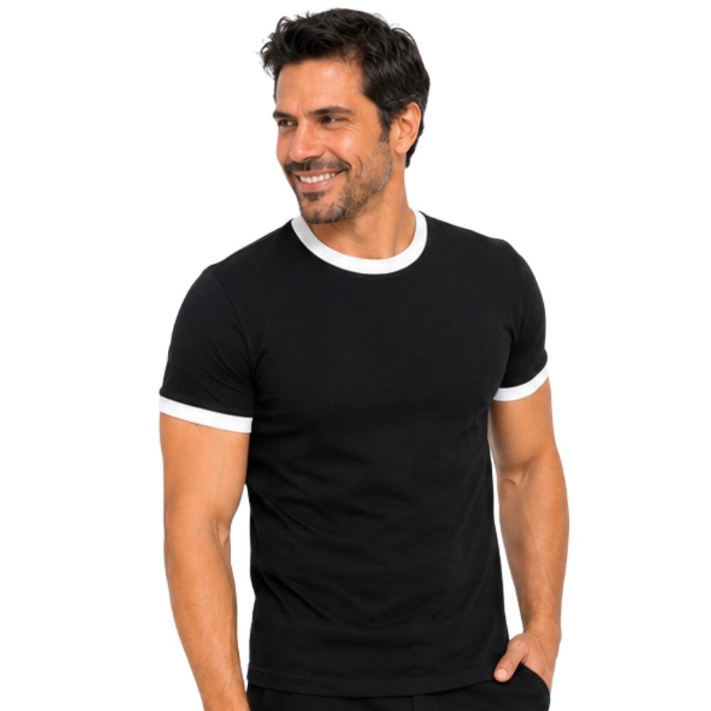 POLO HOMBRE MANGA CORTA ALGODÓN PERUANO - NEGRO CUELLO Y MANGA RIB BLANCO