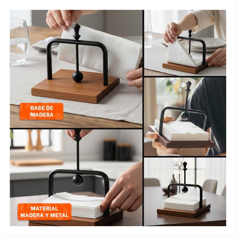 Servilletero de Mesa de Color Negro de Base Madera y Sistema Dispensador Y Ligas Regalo