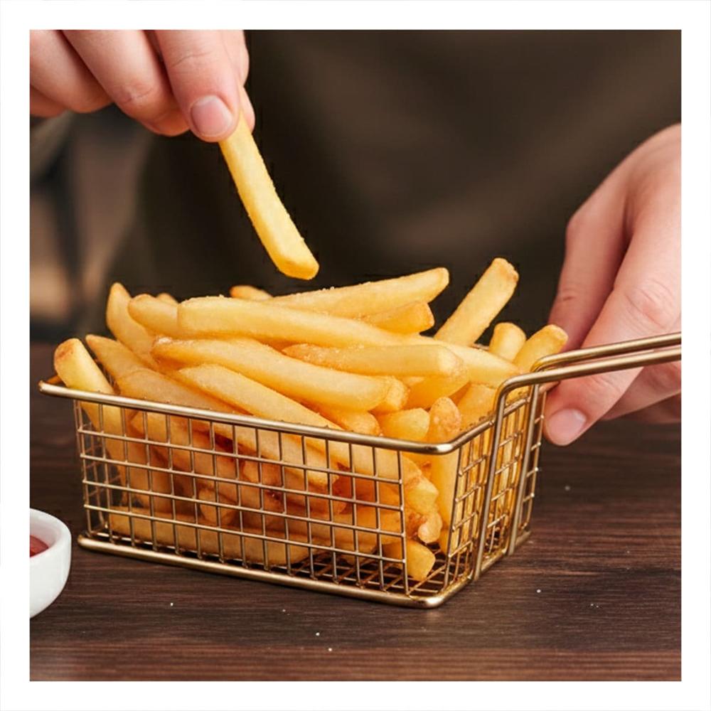 Canasta para Freir Rectangular Dorado con Asa Larga para Cocina Profesional