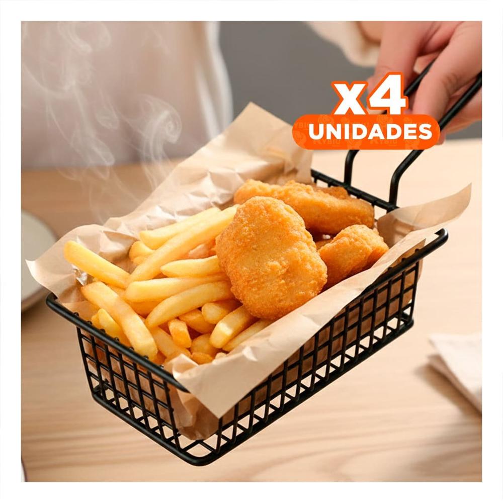 Pack4 Cesta para Freir Rectangular Negro con Asa Larga para Cocina Funcional Y Papel Regalo